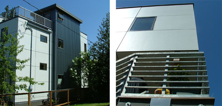 sustainable modern home exterior with cedar siding and hardie panel rainscreen